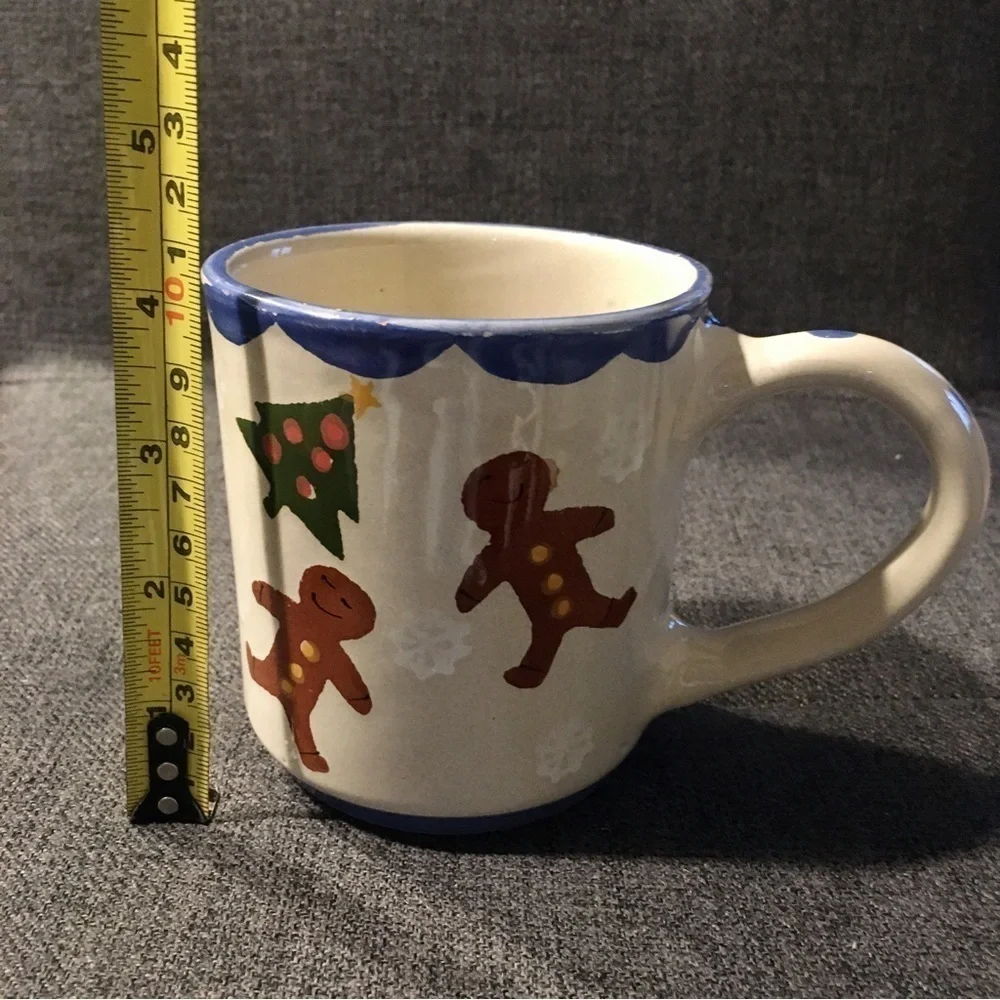 Handcrafted Gingerbread Man Holiday Coffee Mug, Cream, Brown, Blue, Green, 12 oz